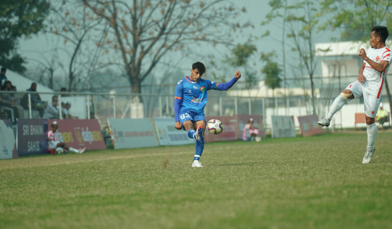 Sreedini Deccan FC's Hardik Bhatt in action against Namdhari FC on Tuesday.
