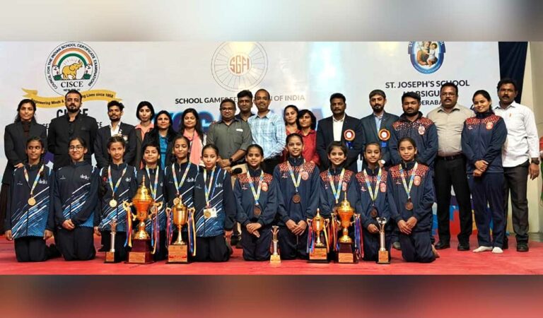 Medal winners of the 68th National School Games Yogasana U-14 Girls Championship.