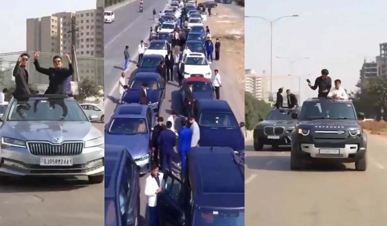 Class 12 students arrive in 35 luxury cars for school farewell, perform stunts