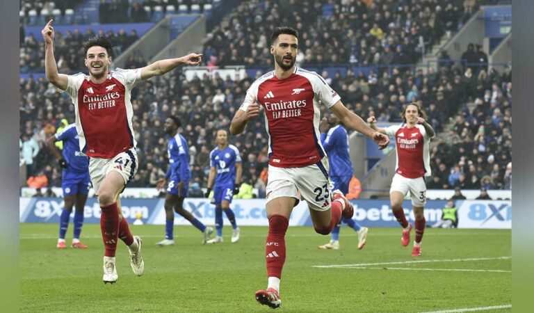 Arsenal’s Mikel Merino (centre) celebrates after scoring his sides opening goal against Leicester City at King Power stadium in Leicester, on Saturday. Photo: AP