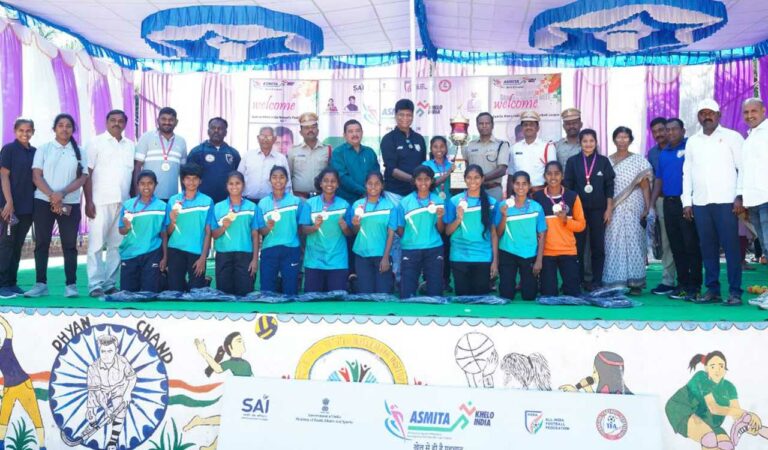 Telangana State Sports School with the winners trophy.