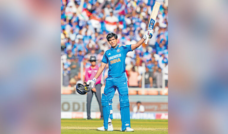 India’s Shubman Gill celebrates his century during the 3rd ODI against England, at the Narendra Modi Stadium, in Ahmedabad, on Wednesday. Photo: PTI
