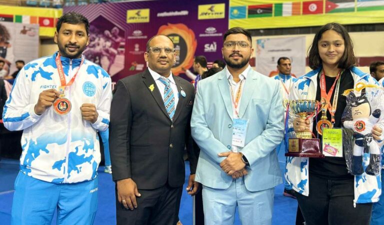 Harsha Ratnakar (left) and Naisha Bajaj (right) at the 4th Indian International Kickboxing Championship, in New Delhi.