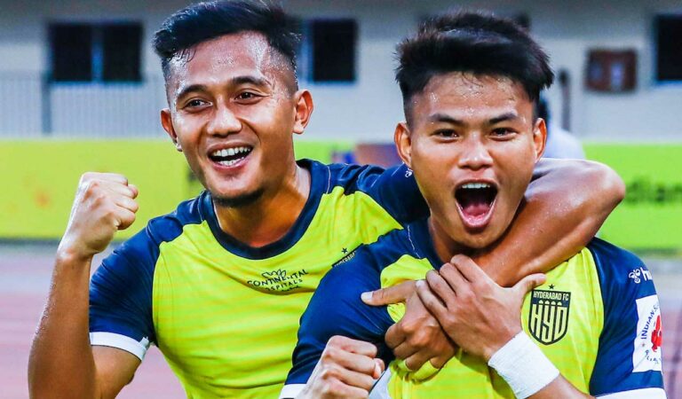 HFC's Ramhlunchhunga (right) celebrates with teammate Issac Vanmalsawma after scoring against MSC in Hyderabad.
