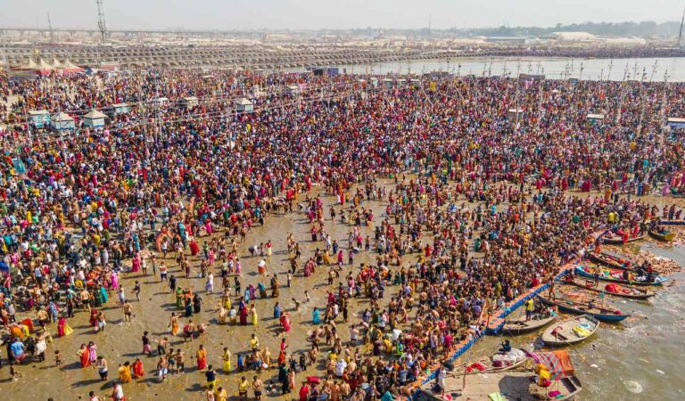 An aerial view of devotees gathered at the Sangam during the ongoing Mahakumbh Mela 2025, in Prayagraj, Uttar Pradesh. Photo: PTI