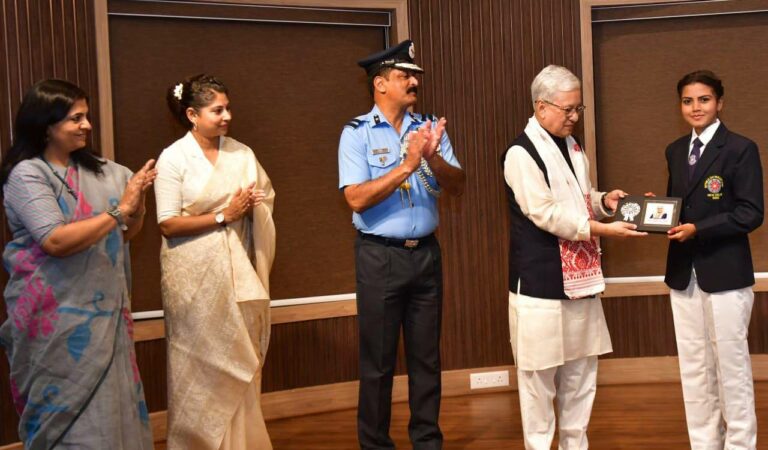 MGIT third year student Nehasree being felicitated by Telangana Governor Jishnu Dev Varma.