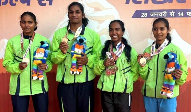 Telangana athletes A Nandini, G Nithya, A Maithili and M Sindhu at the 38th National Games on Tuesday.