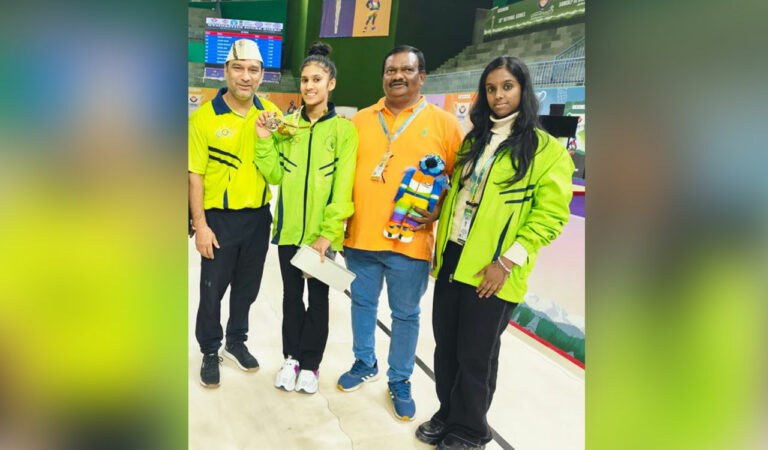Telangana's Nishka Agarwal (middle) at the 38th National Games in Uttarakhand on Wednesday.