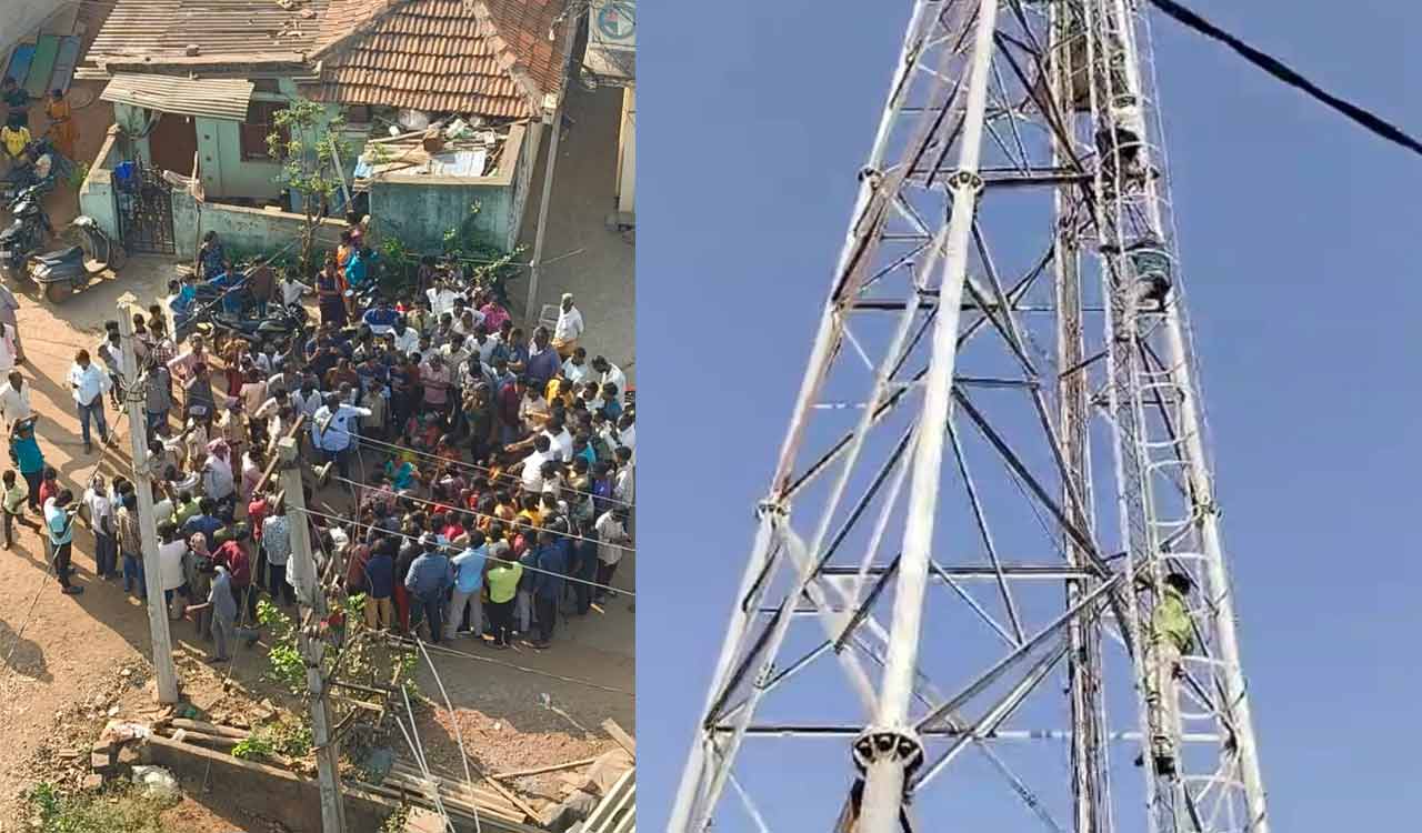 Sangareddy: Villagers climb cell tower to protest Pyaranagar dump yard project