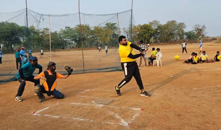 Players in action during the 11th Telangana State Senior Inter-District Softball Championship for Men on Saturday.