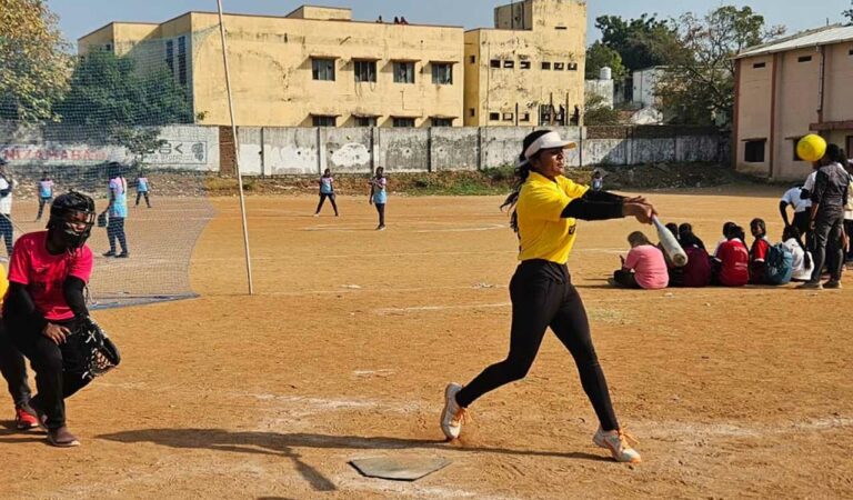 Hyderabad player Pragya Mishra hits the ball.