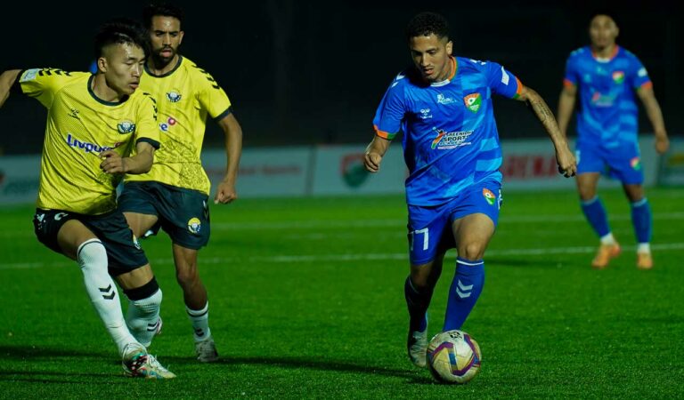 Sreenidi Deccan player Angel Orelien (right) in action against Real Kashmir during the match in Hyderabad on Thursday.