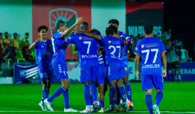 Sreenidi Deccan players during their match against Aizawl FC at Deccan Arena on Monday.