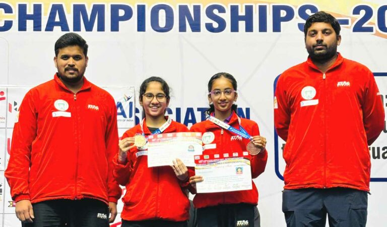 Aniyah and Saanvi with their coaches S Pranieth and M Chaithanya.