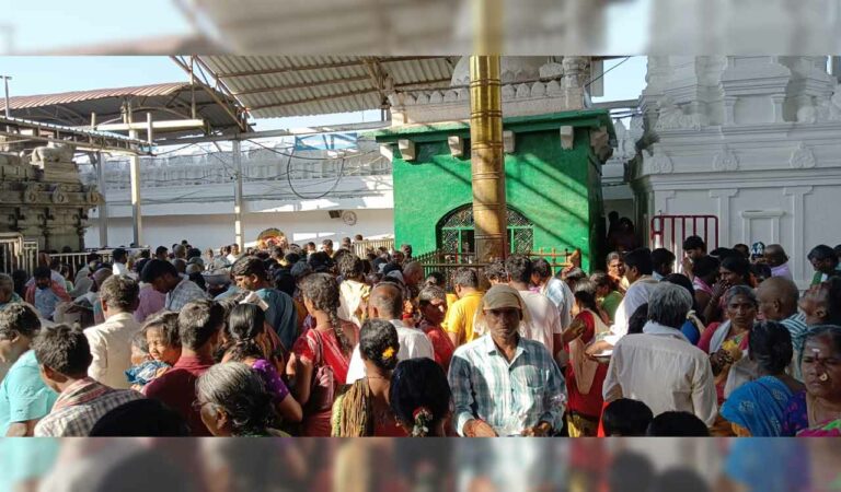 Devotees throng Sri Raja Rajeshwara Swamy Temple, Vemulawada on the occasion of Basant Panchami, on Monday.