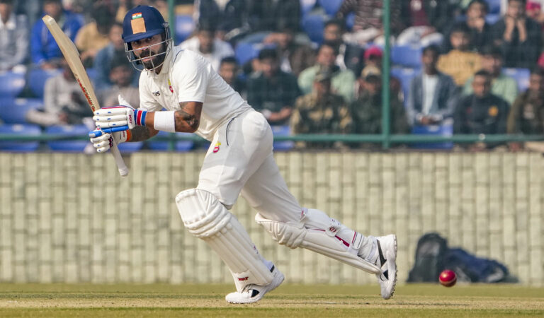 Delhi’s Virat Kohli plays a shot on the second day of a Ranji trophy against Railways, at the Arun Jaitley Stadium, in New Delhi. Photo: PTI