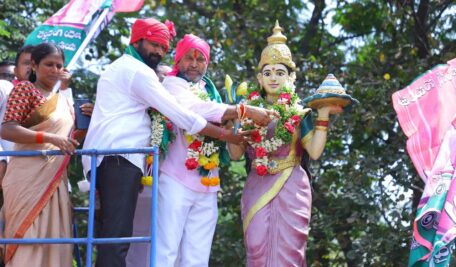 BRS district president Korukati Chander participating in padayatra in Godavarikhani on Monday.