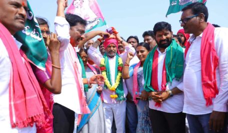 BRS district president Korukati Chander participating in padayatra in Godavarikhani on Monday.