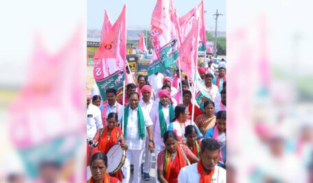 BRS district president Korukati Chander participating in padayatra in Godavarikhani on Monday.