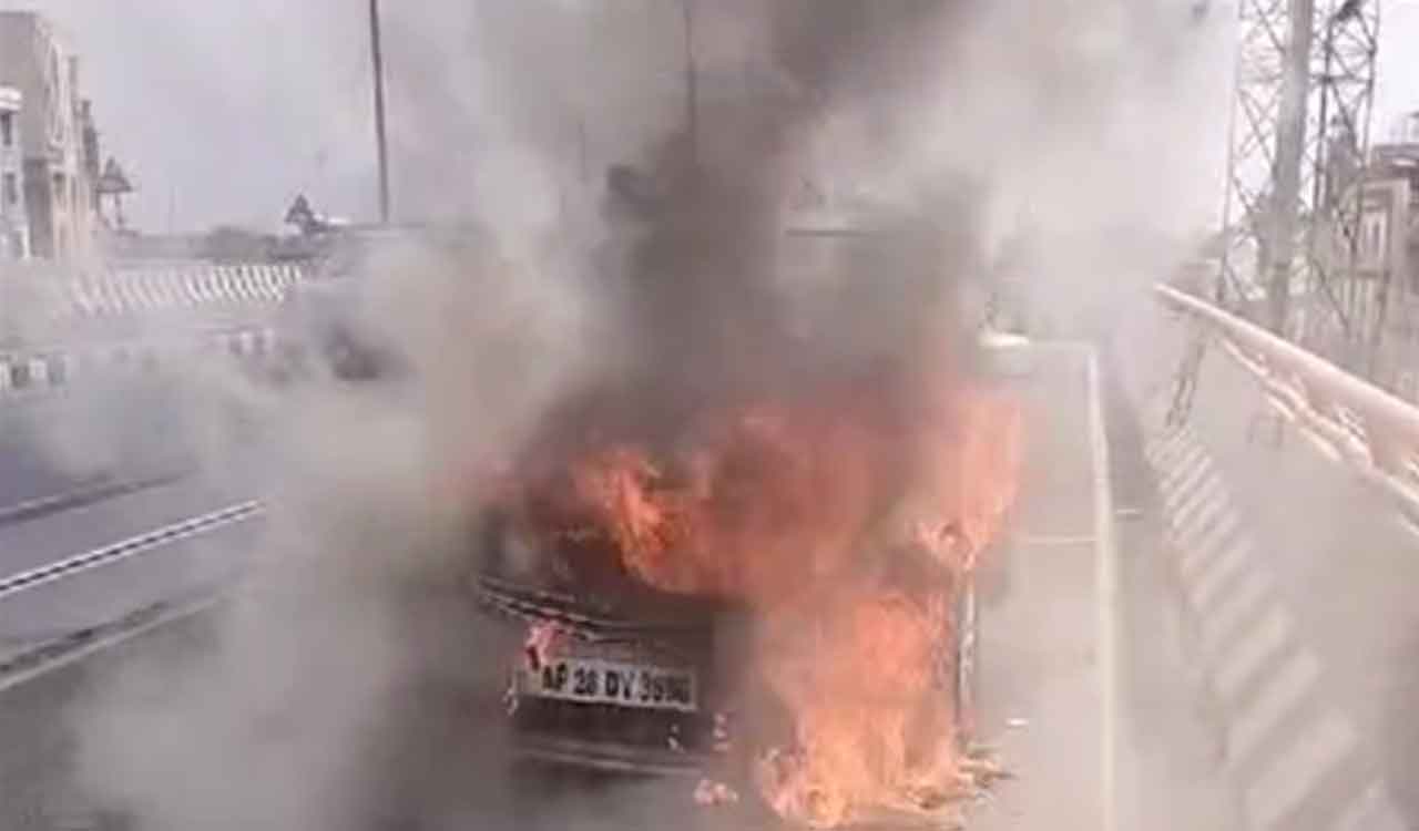 Watch: Moving car catches fire on PVNR Expressway in Hyderabad, none hurt