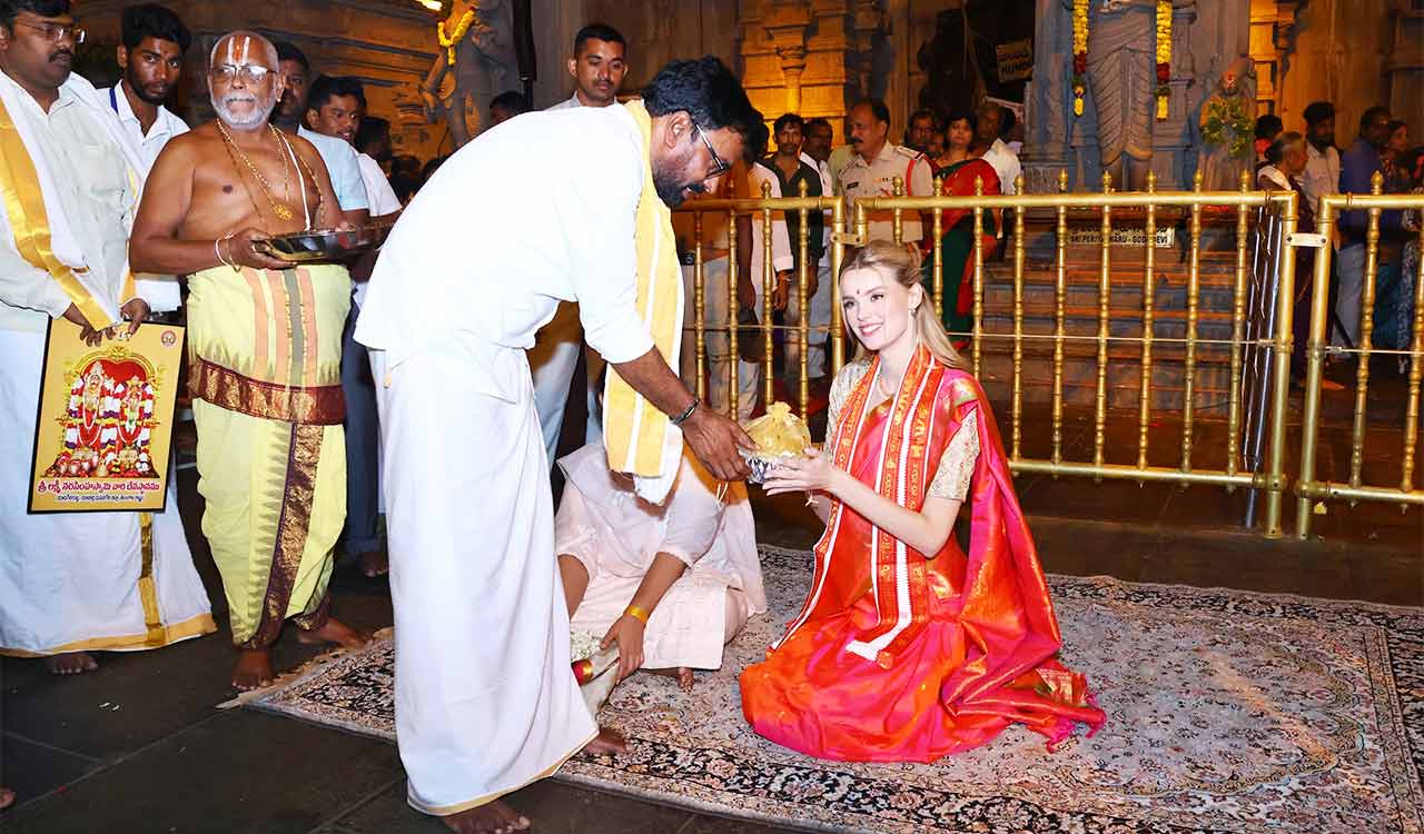 Watch: Miss World Krystyna Pyszkova visits Telangana’s Yadadri temple