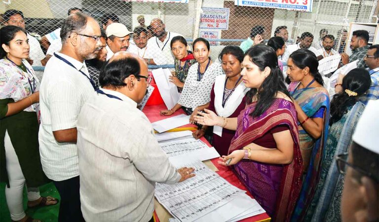 Returning officer and Collector Pamela Satpathy examining the MLC votes counting process in Ambedkar Indoor stadium in Karimnagar on Tuesday.