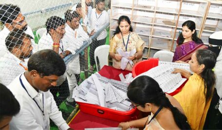 Returning officer and Collector Pamela Satpathy examining the MLC votes counting process in Ambedkar Indoor stadium in Karimnagar on Tuesday.