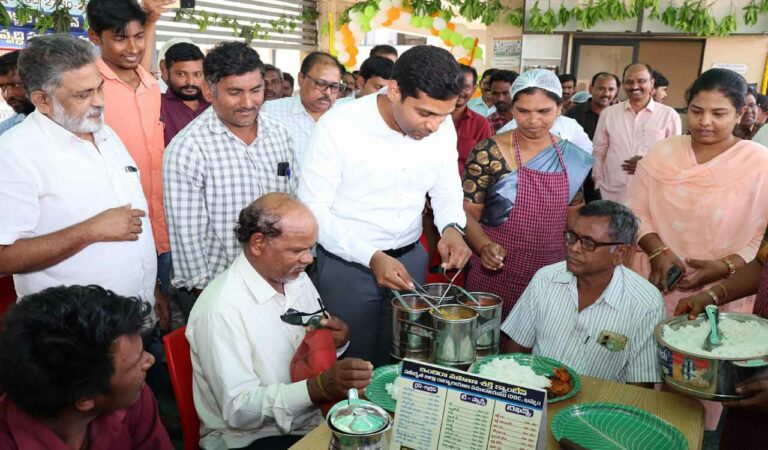 Collector Muzammil Khan serves lunch to PwDs at Khammam Collectorate.