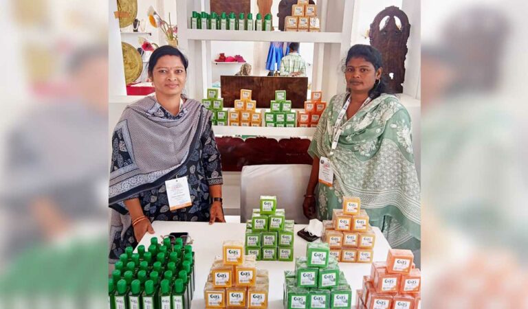Women self-help group members set up stalls of the products they made at Rashtrapati Bhavan in New Delhi.