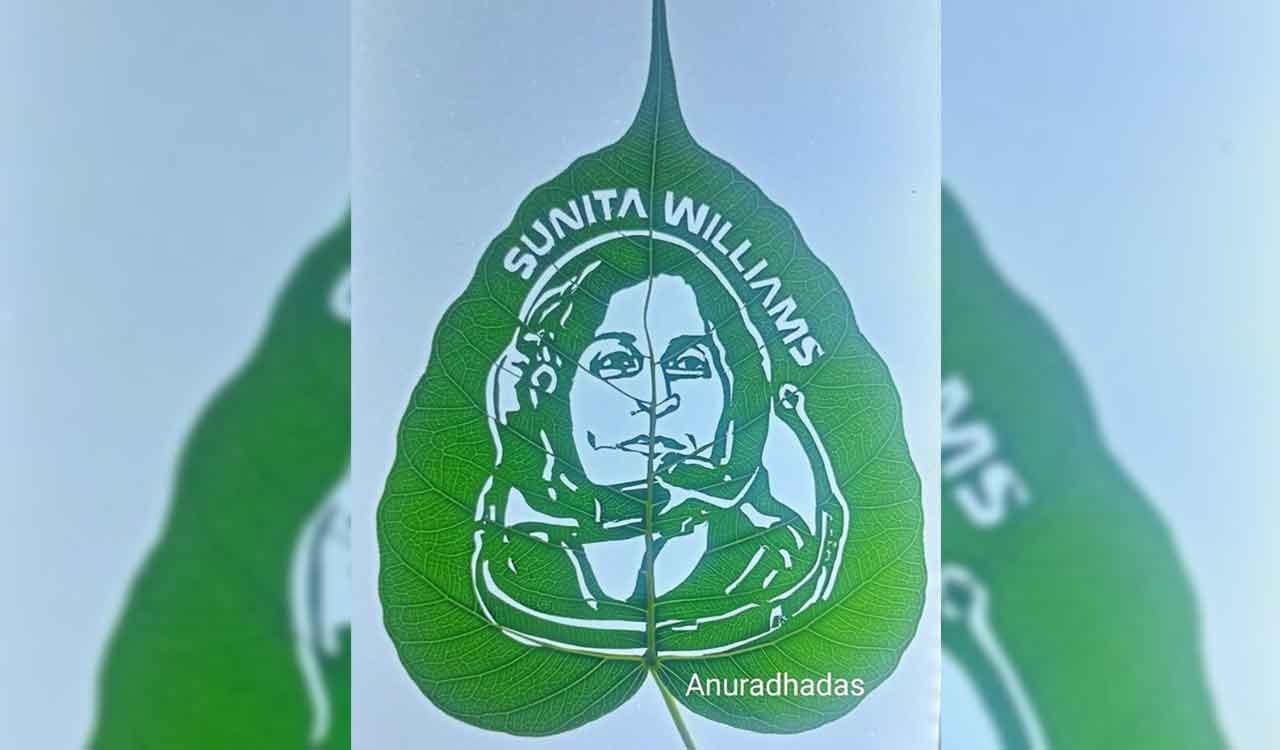 Portrait of astronaut Sunita Williams carved on fig leaf by Sangareddy teacher