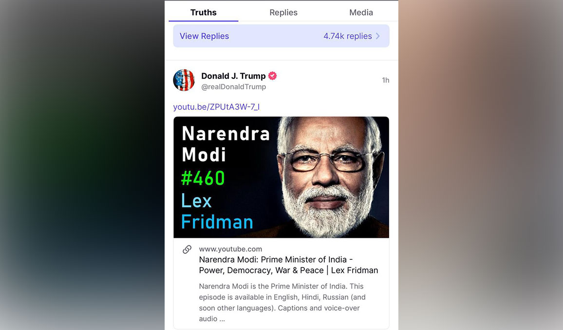 Trump shares Modi’s podcast with Lex Fridman on his Truth Social handle