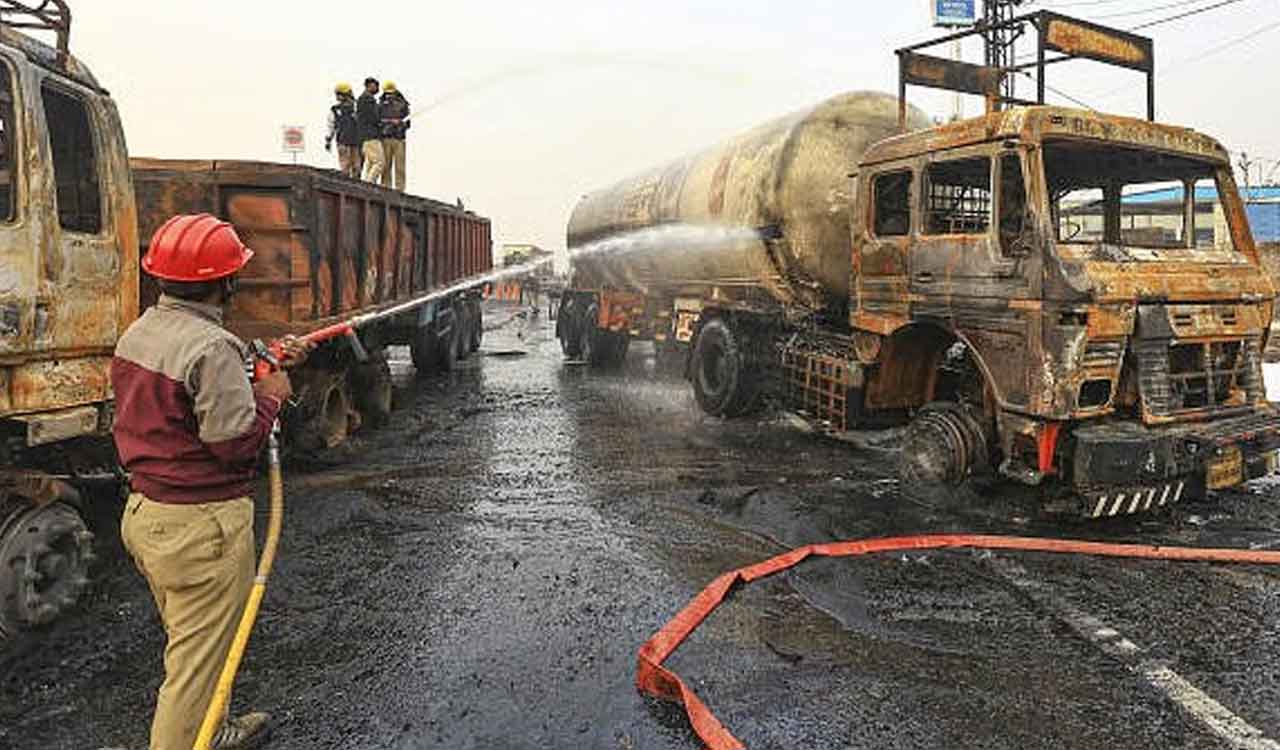 Hyderabad: Two escape safely as tanker catches fire at Hayathnagar ORR