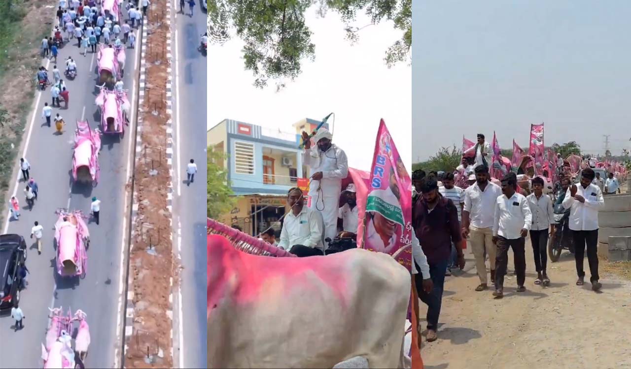 KTR lauds Suryapet farmers setting out for Warangal public meeting in bullock carts
