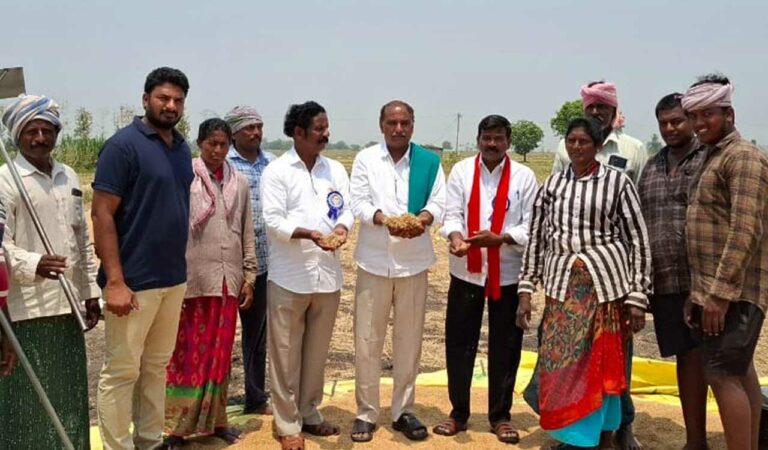 Rythu Sangham leaders inspected paddy damaged by untimely rains in Khammam.