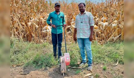 Hand-push seed drill used for sowing maize.