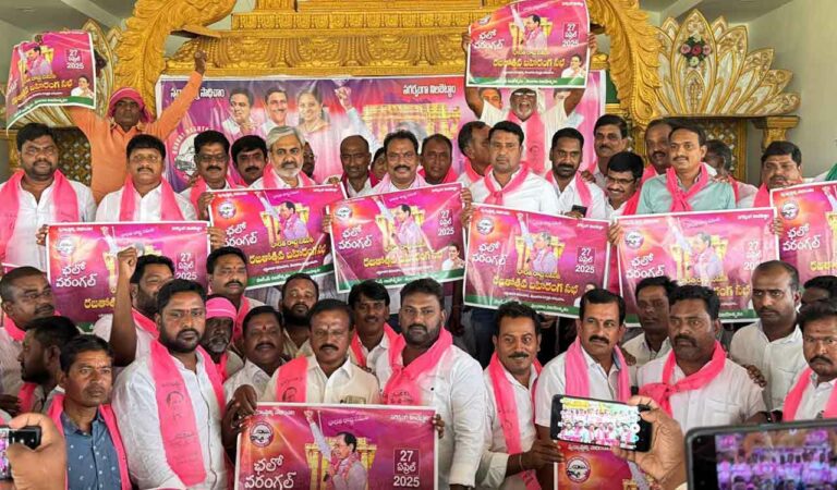 BRS leader Sunke Ravishankar along with other party leaders releasing party's silver jubliee meeting wallposter in Gangadhara on Wednesday.