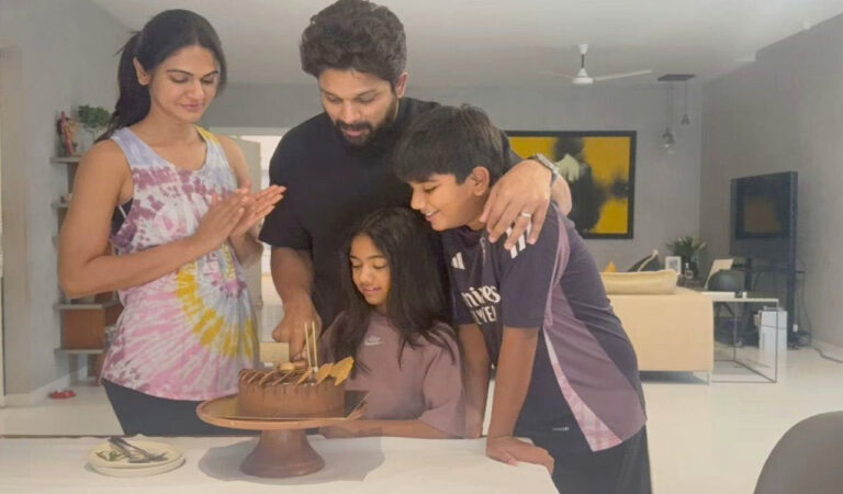 Pictures of the actor cutting a cake with his wife Sneha Reddy, son Ayaan, and daughter Arha at their home are going viral, giving major family goals to fans across.