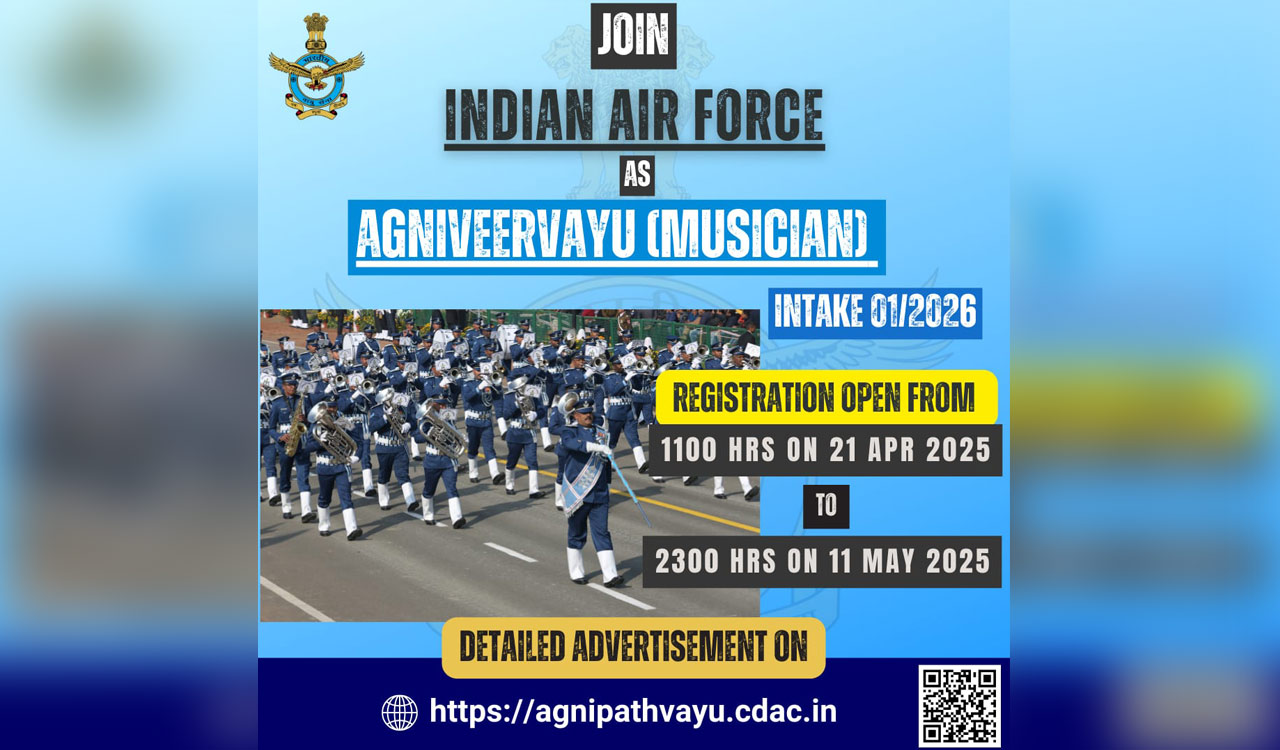 Online registration for Indian Air Force Agniveervayu (musician) recruitment rally from April 21 to May 11