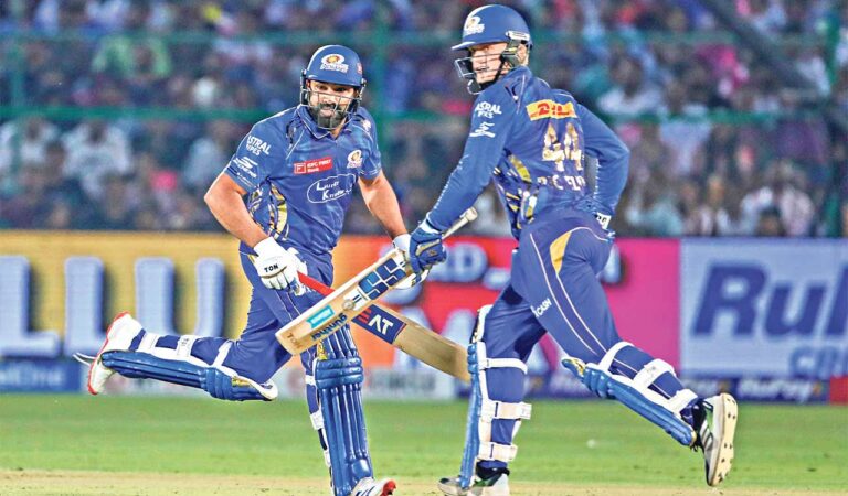 Mumbai Indians’ Ryan Rickelton and Rohit Sharma run between the wickets during the Indian Premier League match against Rajasthan Royals at Sawai Mansingh Stadium in Jaipur on Thursday. — Photo: AP
