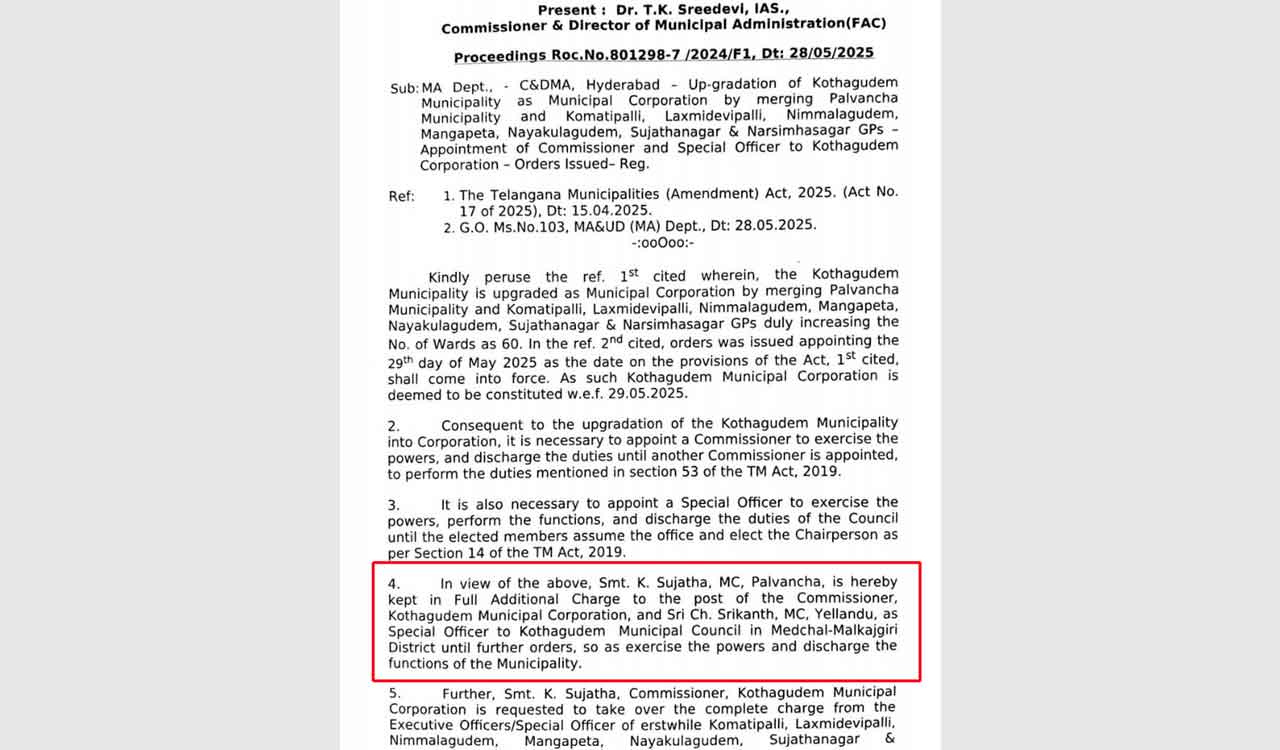 Telangana: CDMA order copy appointing municipal commissioner for Kothagudem Municipal Corporation riddled with mistakes