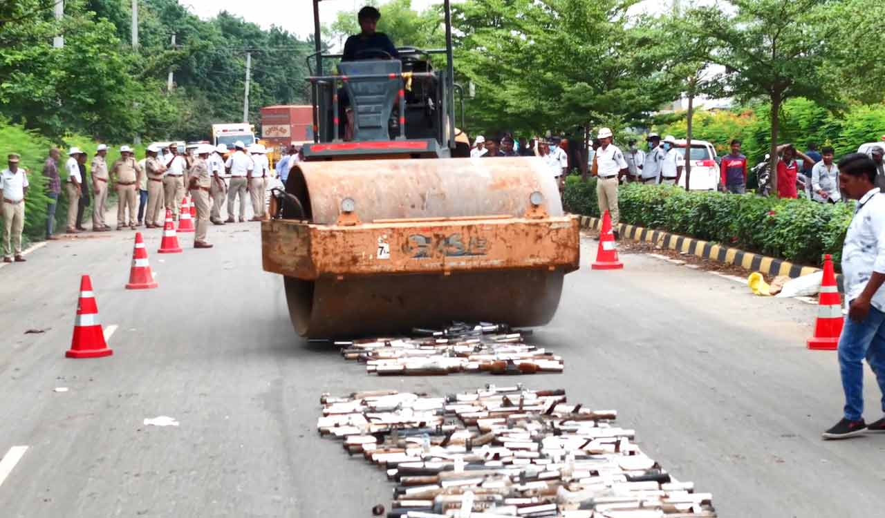 Watch: Rachakonda traffic police crush over 1,200 modified silencers in crackdown on noise pollution