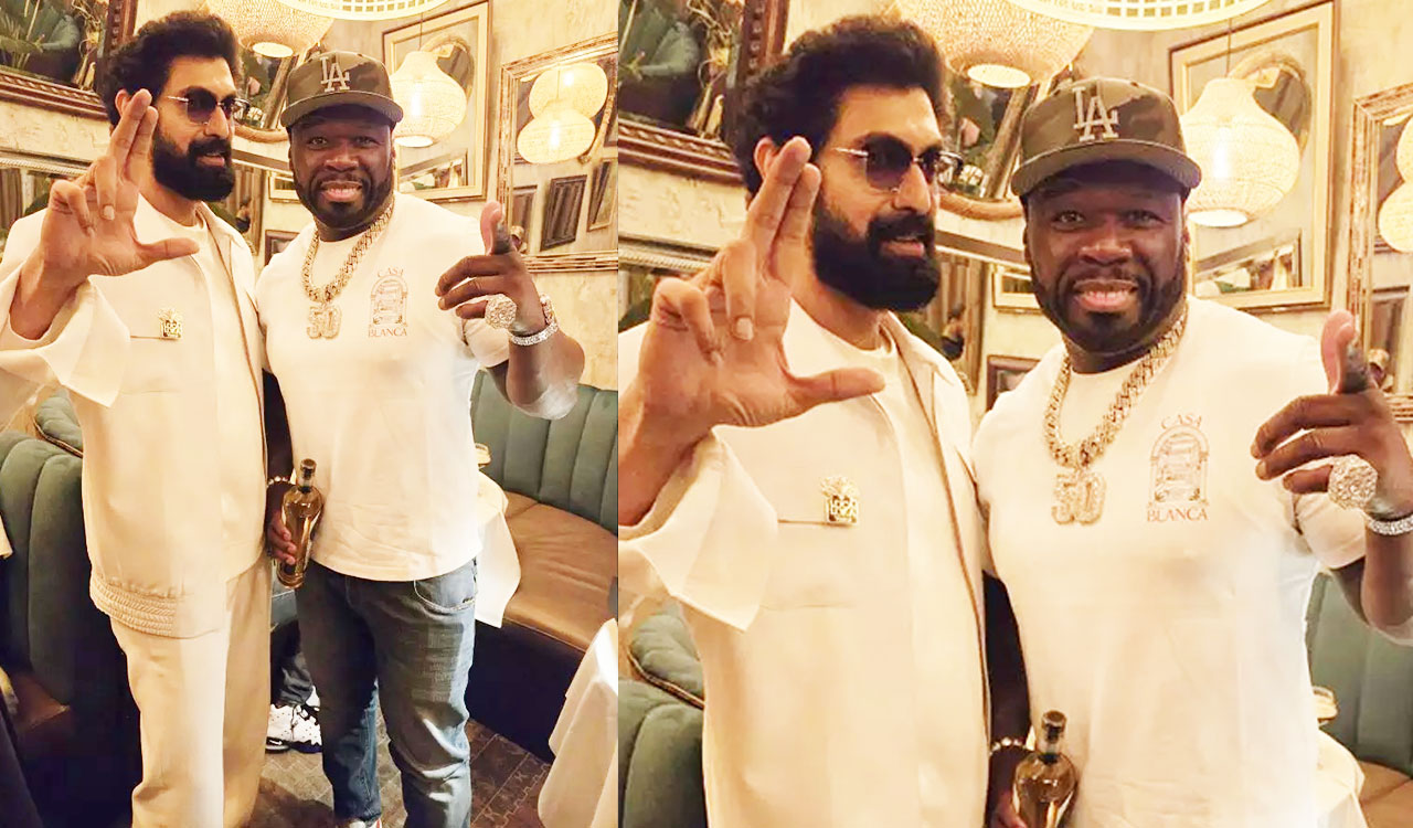 Rana Daggubati poses with 50 Cent, Cuba Gooding Jr. and Flo Rida