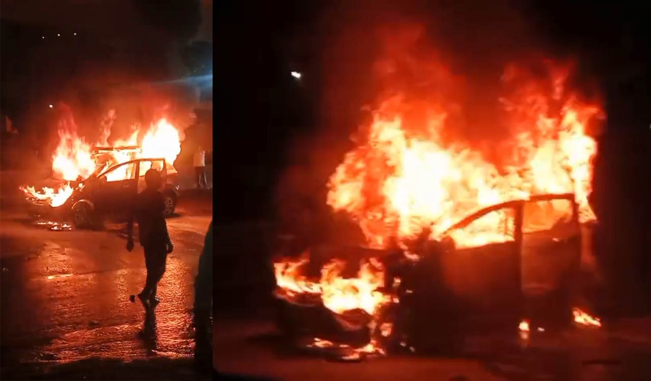 Watch: Driver escapes unhurt as moving car catches fire in Hyderabad