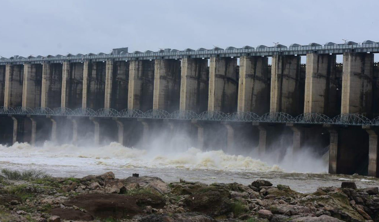 Watch: Ten gates of Jurala project lifted as heavy rains trigger huge flood inflow in Krishna river