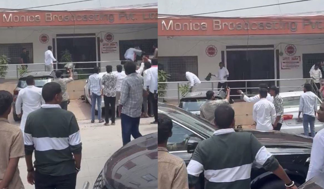 BRS supporters protest outside Mahaa News office over alleged false reports on KTR