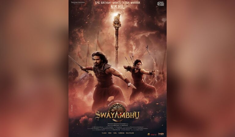 The poster indicates Swayambhu to be a big action drama with a historical and cultural background..