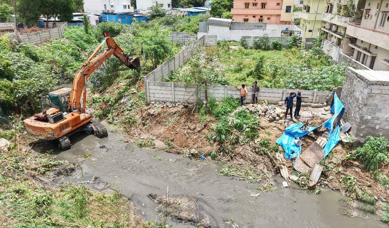 Hydraa demolishes major encroachments to make way to Nallagandla stormwater drain in Hyderabad