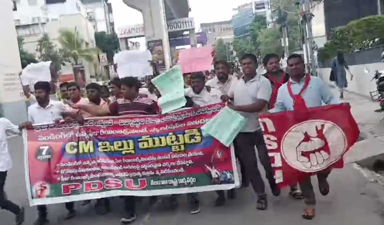 Watch: PDSU protests near CM Revanth’s residence over delay in fee reimbursement