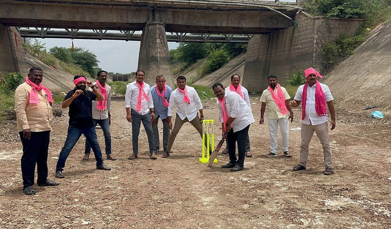 BRS activists stage cricket protest in bone-dry SRSP canal in Karimnagar