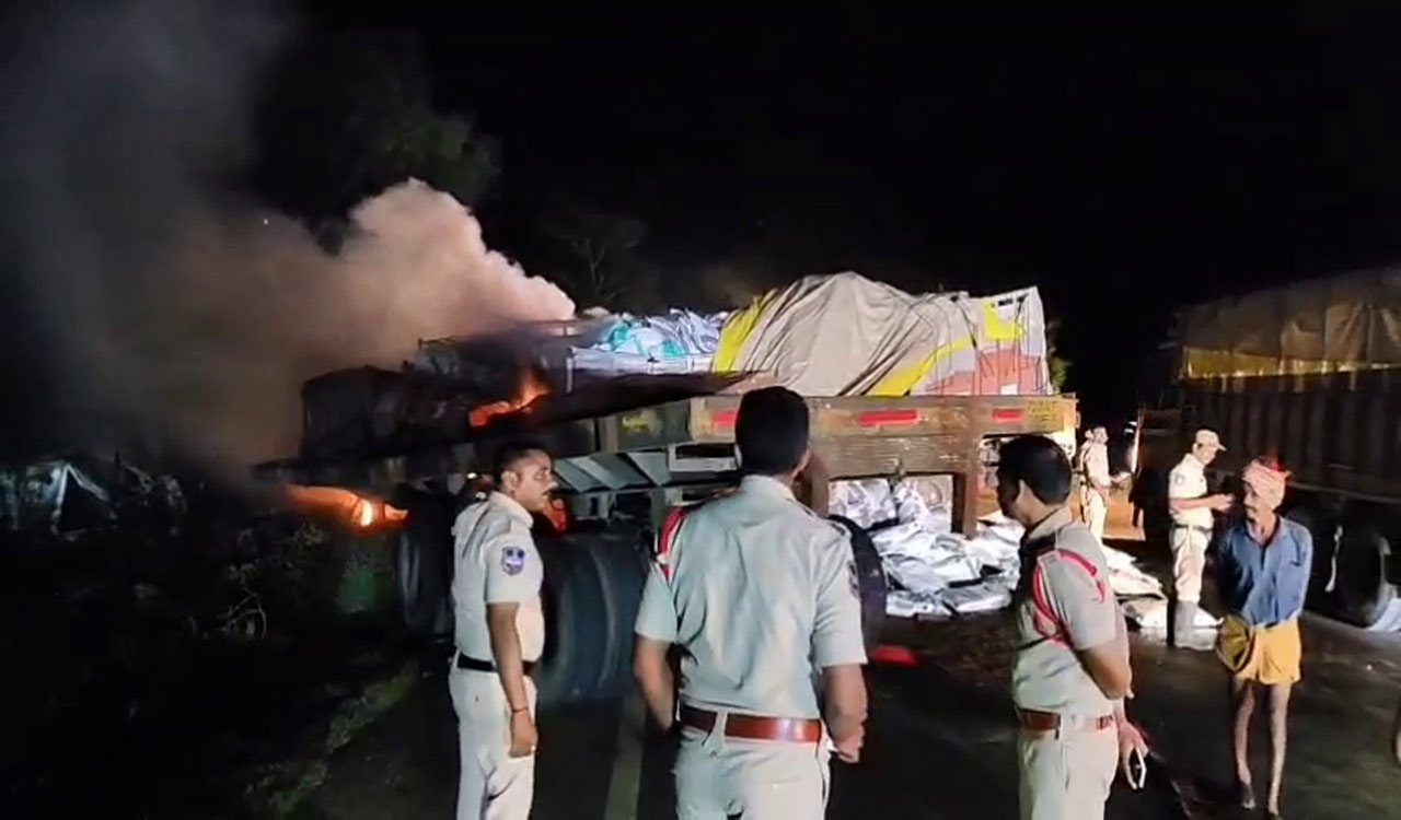 Three charred to death in a road accident in Mahabubabad